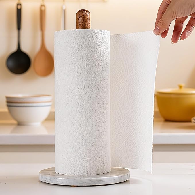 Acacia Wood & Marble Paper Towel Holder – Freestanding Paper Towel Holder for Countertop, Weighted for One-Handed Use, for Kitchen, Bathroom, Office