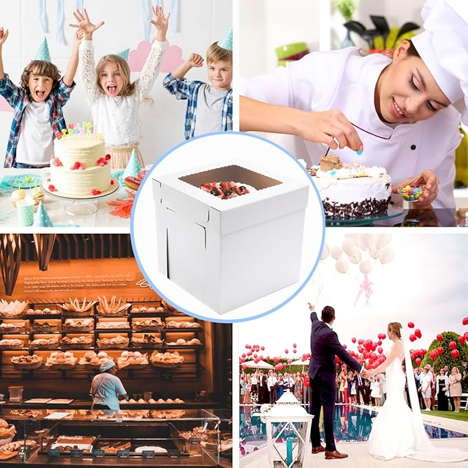 JJO Tall Cake Boxes for Tier Cakes, 6 Pack 12x12x12 Inch,White Cake Boxes with Window,Sturdy Tall Cake Carrier, Disposable Cake Containers