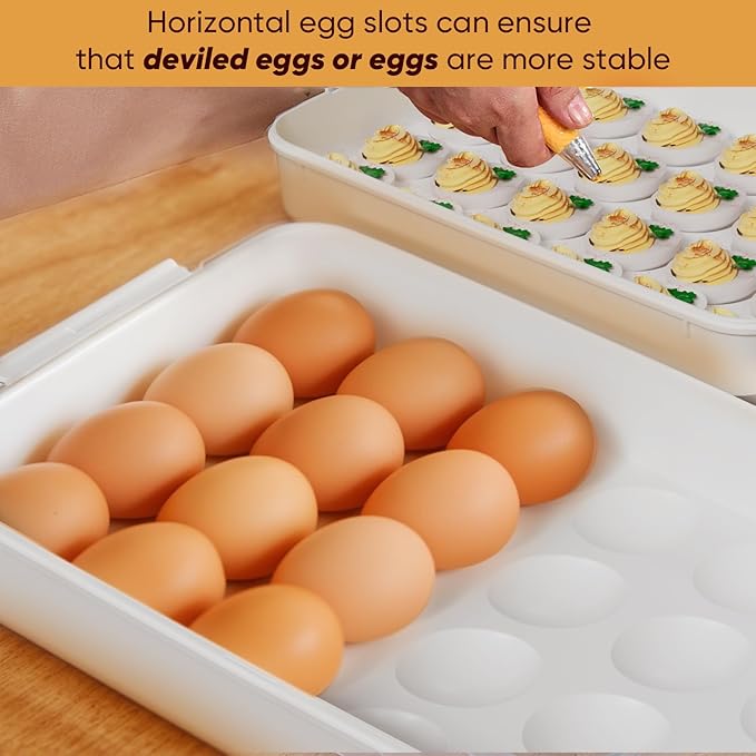 77L Deviled Egg Containers with Lid, (Set of 2), Plastic Deviled Egg Tray Carrier with Handle for 48 Eggs, Clear Storage Egg Platter for Devil Egg, Fridge Stackable Portable Egg Holder (Transparent)