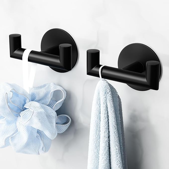 GWAAZXGZ 2 Pack Black Bathroom Hooks for Towels - Self Adhesive Double Hooks for Wall, No Drilling, Matte Finish, Strong Hold for Robes, Coats, Shower Use