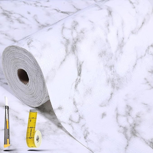 Shelf Liners for Kitchen Cabinets 12in x 10FT, Non Adhesive Drawer Liner Marble Pattern Thickened Shelf Liner Non-Slip Easy to Clean for Tool Box Refrigerator with Knife and Tape Measure