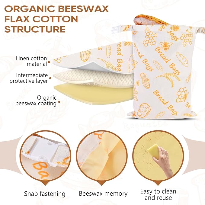 Beeswax Bread Bags for Sourdough 17in*12in Sealed Bag Reusable Cotton Beeswax Bag for Homemade Bread Freezer-Friendly Freshness Preservation with Snap Closure 2 Pack (Orange Pattern)