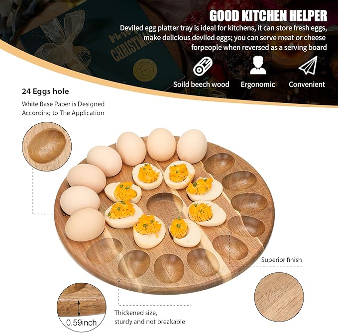 Lounsweer Reversible Wood Deviled Egg Platter and Charcuterie Board Thicken Tray Countertop Refrigerator Chicken Egg Containers Carrier for Easter Christmas(Acacia Wood)