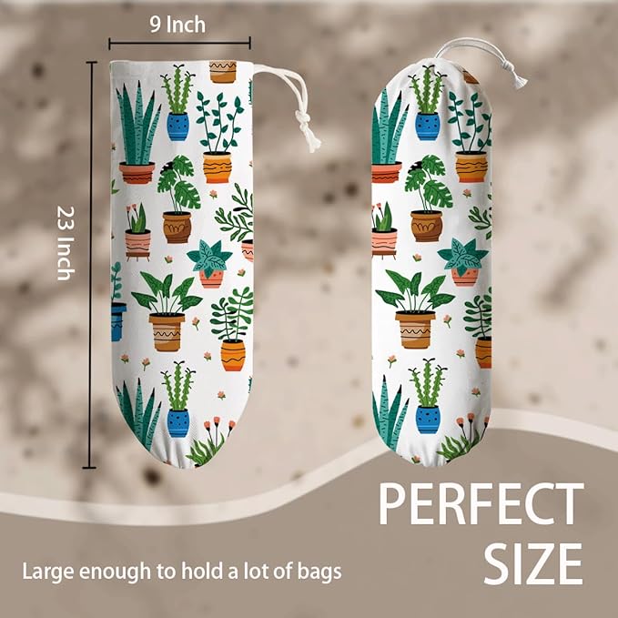 Plants Plastic Bag Holder, Reusable Washable Shopping Bags Storage Carrier, Animal Prints Fabric Garbage Trash Bag Dispenser for Home Kitchen Pantry Cabinet, Wall Mount, Kitchen Housewarming Gifts