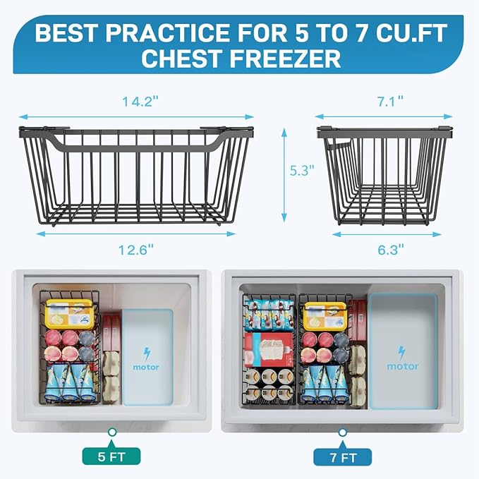Freezer Organizer Bins, 4 Pack Stackable Chest Freezer Organizer for 5-7 Cu.FT Deep Freezer Sort Frozen Meats and Food, Freezer Storage Baskets with Handles Easy Reach from Bottom, Black