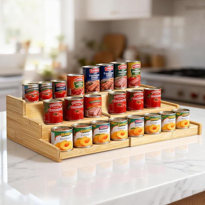 Expandable Bamboo Can Organizer Rack for Pantry Cabinet, 3-Tier Adjustable Can Storage Holder, Soda Organizer Holds Up to 24 Cans, Canned goods Storage Display for Countertop