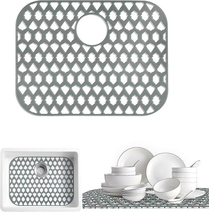 SAMSIER Sink Protectors for Kitchen Sink, Kitchen Sink Accessory - Silicone Mats Grid for Stainless Steel Strainer Bottom of Farmhouse Porcelain sinks (21”x16”, Rear Drain)