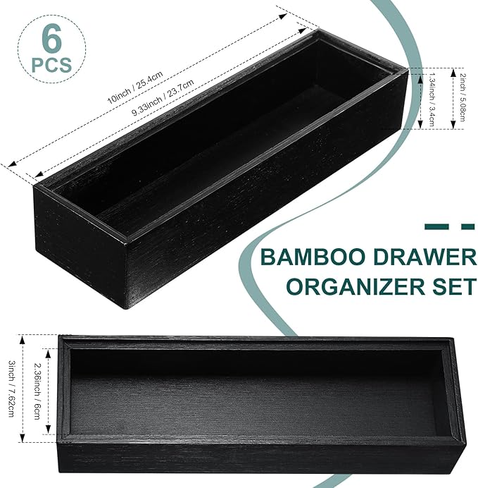 Uiifan 6 Pcs 10 x 3 x 2'' Bamboo Drawer Organizer Black Stackable Utensil Silverware Holder Wooden Tray Drawer Dividers Boxes Spoon Storage Organizer for Kitchen Office Bathroom Cabinet Jewelry