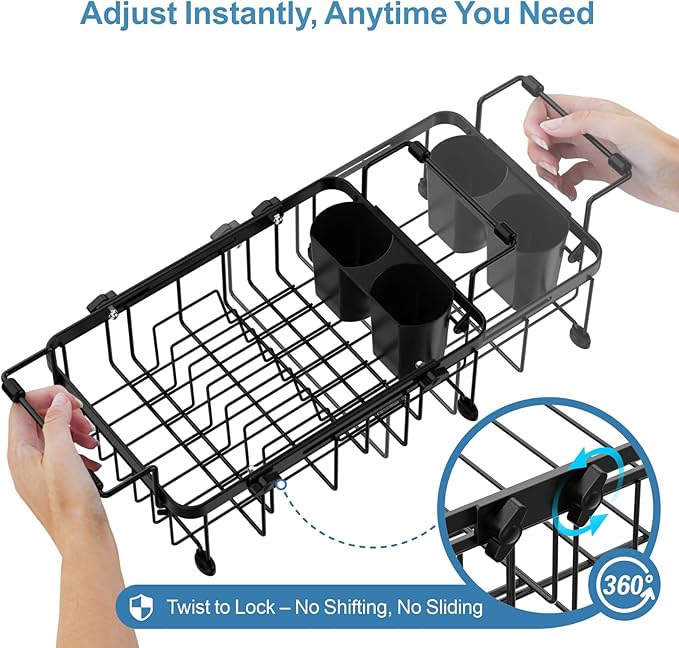 iSPECLE Small Sink Dish Drying Rack with Silicone Mat, Expandable Compact Rust Resistant Dish Drainer for RV Apartment Kitchen, Dish Rack with Tightening Knob, 9" W x 12"-16.8" L, Black
