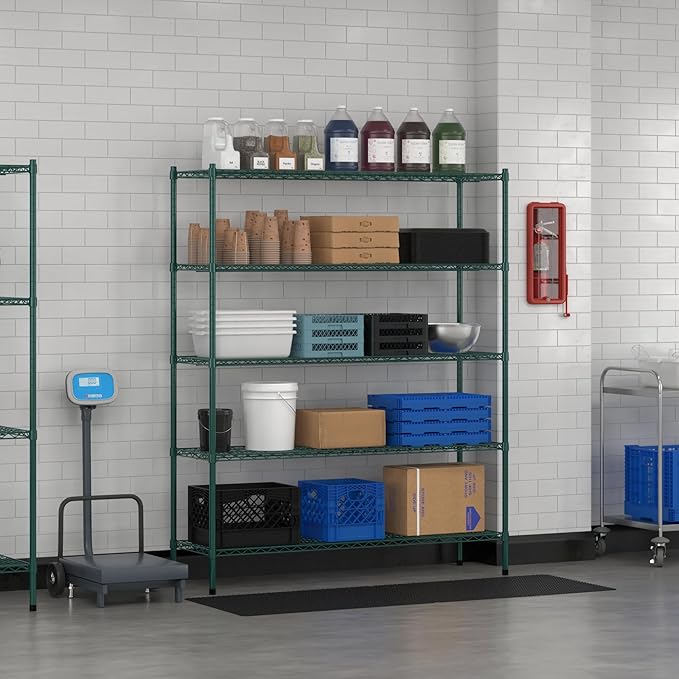 Commercial NSF Listed Green Epoxy Stationary Wire Shelving Kit 18" x 60" x 74", with 5 Shelves Perfect for Warehouse, Walk-in Refrigerator, Freezer, Grocery Store, Restaurant, Dishroom
