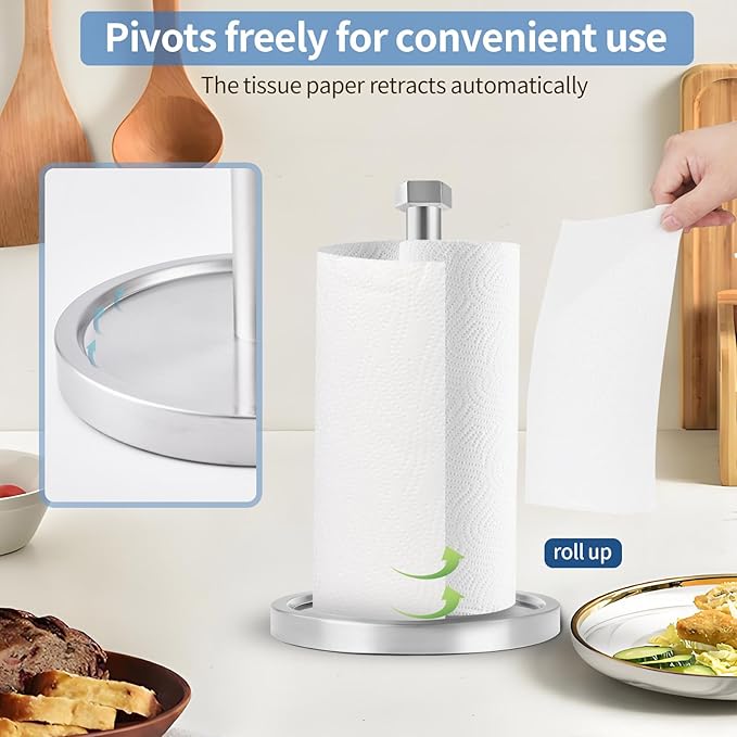 Paper Towel Holder Countertop, Stainless Steel Paper Towel Holder -Weighted Base, One-Handed Tear, Black Kitchen Roll Holder, Non-Slip Protect The countertop-New Silver