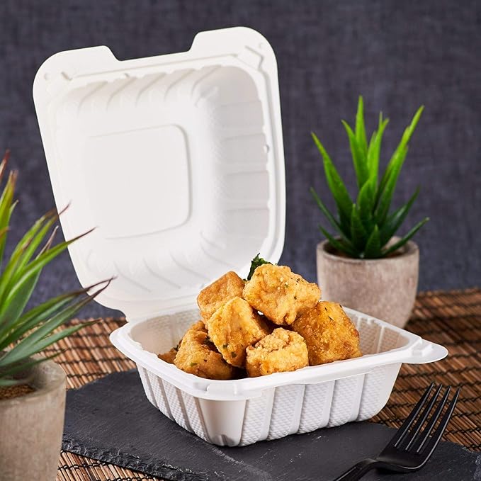 KARAT EARTH Clamshell Take Out Food Containers [6"x6" - 400 ct] To Go Containers | Microwavable, Freezer Safe, Soak-Resistant, Durable, Stackable | Vented for Hot/Cold Foods, White
