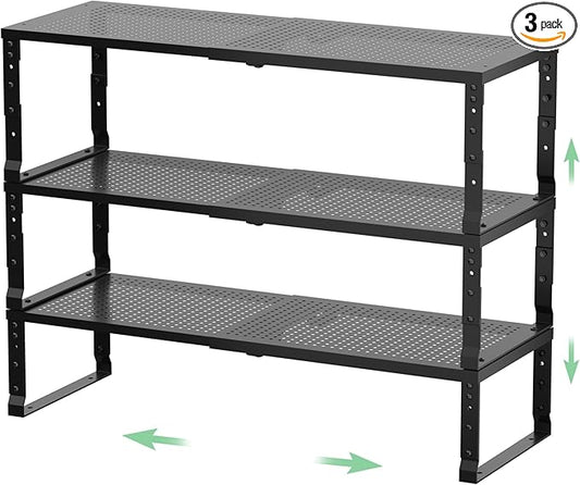 Flat Top Storage Rack - Expandable 16.5"~27" W Countertop Space Saver, Heavy-Duty Steel Construction, Powder Coated Finish for Kitchens, Bathrooms, Workshops or Offices
