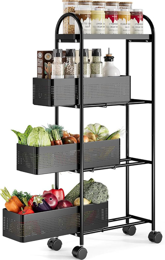 KINGRACK 4-Tier Slim Storage Cart with 3 Pull Out Basket, Rolling Bathroom Organizer Utility, Metal Shelving Unit Slide Out, Lockable Wheels, Easy Assembly for Narrow Place, Kitchen, Office, Black