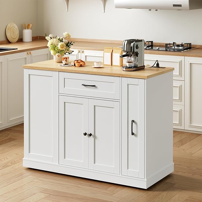 HOOBRO Kitchen Island with Trash Can Storage, Rolling Kitchen Island Cart with & Power Outlet, Island Table with Spice Rack & Drawer, for Kitchen, White and Natural WN20UZD01