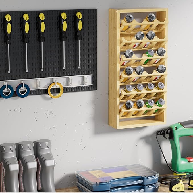 24 Can Spray Paint or Lube Can Storage Holder Rack,Wall Mount 6-tier Aerosol Spray Paint Bottle Wooden Organizer for Garage and Home Craft Workspace 14.2" (L) x 5" (W) x 30" (H)
