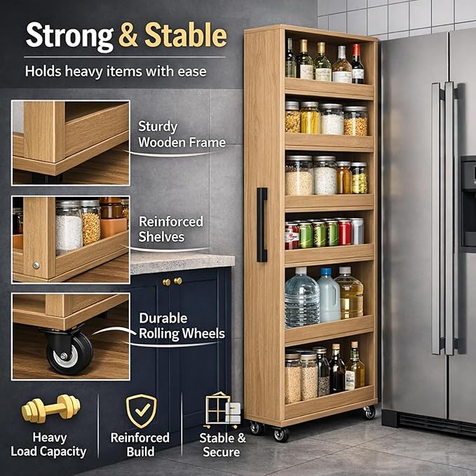 7 Tier Slim Rolling Storage Cart with Wheels, Narrow Storage Cabinet for Small Spaces, Mobile Spice Rack Organizer for Kitchen, Pantry, Baking Room, Dining Room(Wood,7.9"x19.7"x72.4")