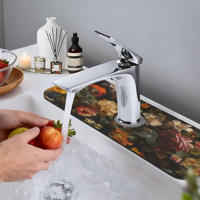 Sink Faucet Mat Elegant Flowers Kitchen Splash Guard Absorbent Bathroom Sink Mat Around Faucet 15" x 5.5" Drying Mats Stone Draining Mat