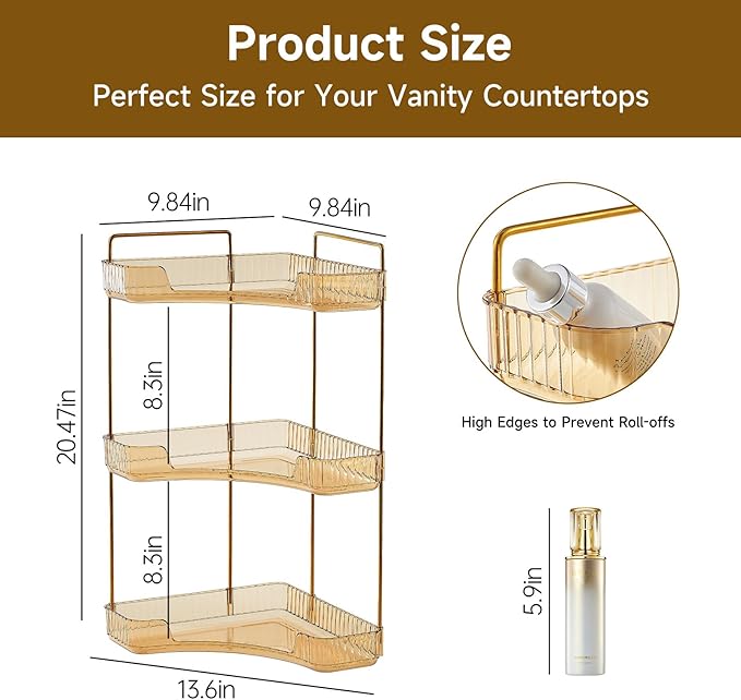 3-Tier Corner Bathroom Counter Organizer, Plastic Countertop Makeup Organizer, Large Capacity Vanity Bathroom Perfume Shelf Rack for Kitchen Office Desktop (Amber)