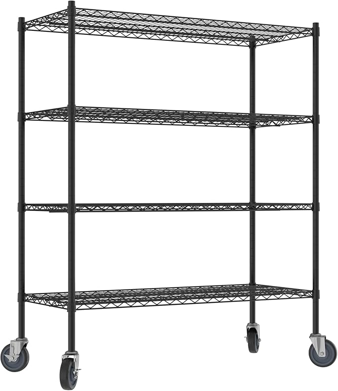 Commercial NSF Listed Black Epoxy Mobile Wire Shelving Kit 21" x 48" x 60", with 4 Shelves Perfect for Warehouse, Walk-in Refrigerator, Freezer, Grocery Store, Restaurant, Dishroom