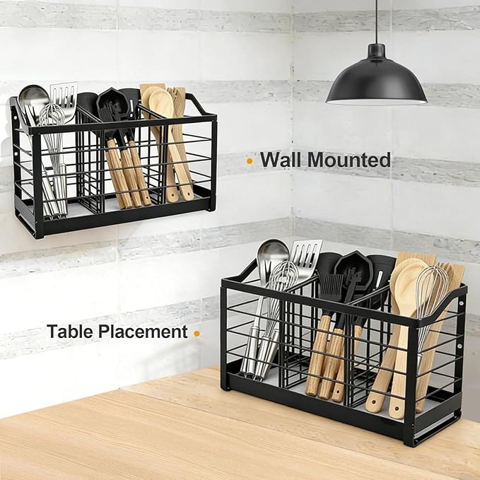 Large Kitchen Utensil Holder for Countertop, Cooking Utensil Holder Organizer with Diatomaceous Earth Base Matte Black, Utensil Organizer for Spatula and Kitchen Utensils (3 Compartments)