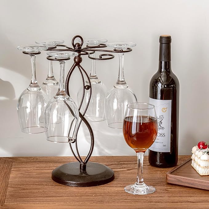 MyGift Bronze Metal Countertop Wine Glass Holder with Scrollwork Design, Freestanding Tabletop Stemware Storage Rack with 6 Hooks