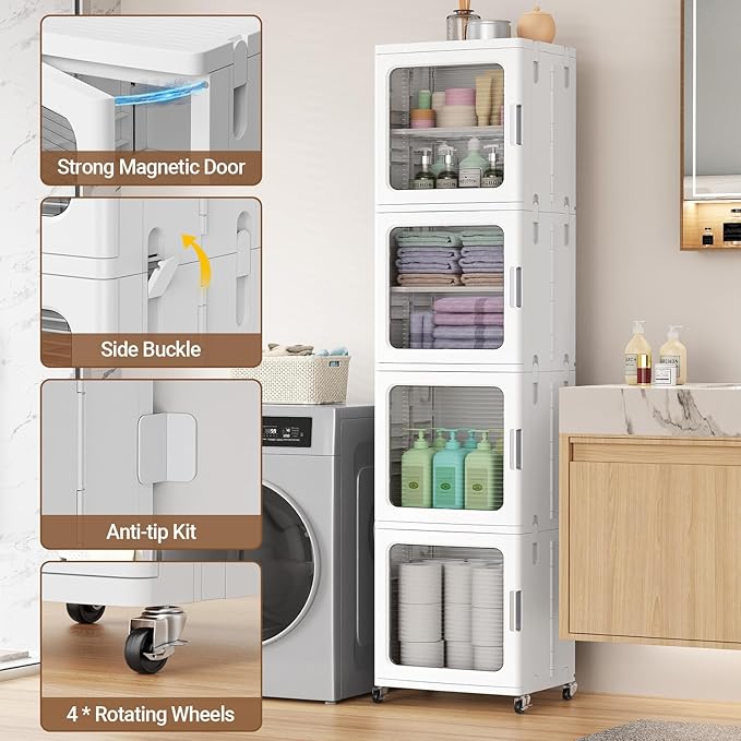BROVIEW 3-Tier Tall Narrow Storage Cabinet 14.6” Wide, Slim Bathroom Cabinets with Adjustable Shelves and Doors, Plastic Kitchen Pantry Organizers and Storages for Small Space, Laundry, White