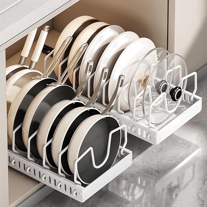 pull out pots and pans organizer under cabinet,pot lid organizers inside cabinet holders for kitchen,Horizontal and vertical pulling modes,lid rack for pot lids (White vertical)