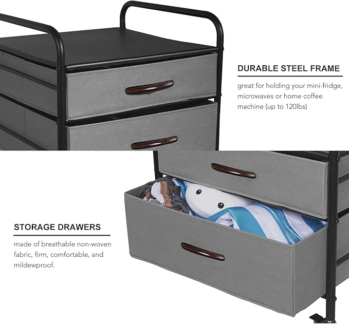 Mini Fridge Stand, Fridge Stand with Storage, 2 Drawer Fridge Cart, Organizer Unit for Mini Fridge, Fridge Stand with Metal Frame and Fabric Drawers, Mini Fridge Table with 4 Swivel Wheels