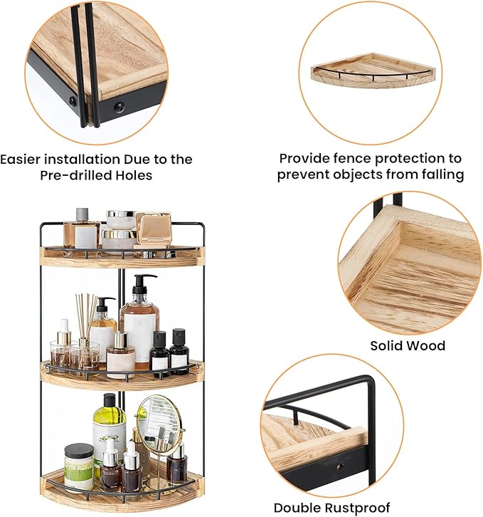3-Tier Corner Bathroom Counter Organizer - Bathroom Counter Corner Shelf with Rustic Wood & Metal Frame, Space-Saving Vanity Tray for Toiletries, Cosmetics (16.5" x 7.6" x 7.6")