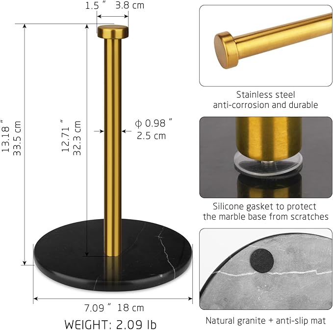 Paper Towel Holder Countertop with 7" Weighted Black Marble Base - Modern Free Standing Paper Roll Holder, Brushed Gold Stainless Steel Stand Paper Towel Holder for Kitchen and Bathroom