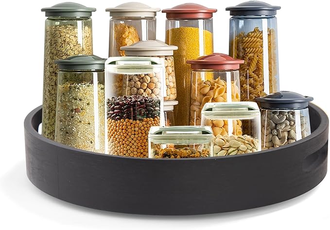 12in Bamboo Lazy Susan Organizer Turntable with Handle for Countertop, Spice Containers Pantry Organization Holder Round Rotating Serving Tray for Table Top,Seasoning Organizer for Kitchen(Black)