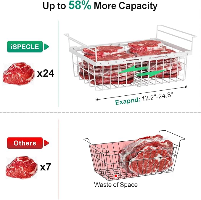 GSlife Freezer Organizer Bins - 2 Pack Expandable Freezer Bins for 10 to 20 Cu.Ft Chest Freezers, Hanging Wire Baskets Stop Digging & Maximize Top Storage Space, Sliding Deep Freezer Baskets, White