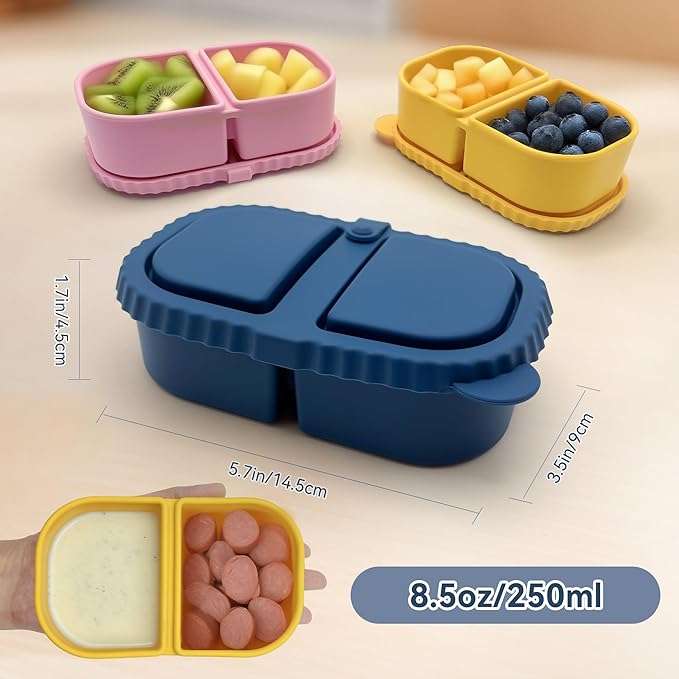 4 Pack Reusable Silicone Snack Containers with Lids, 8.5 oz- 2 Compartments, BPA-Free,Leakproof, Portable Silicone Lunch box, Snacks, Office，Picnic，Travel