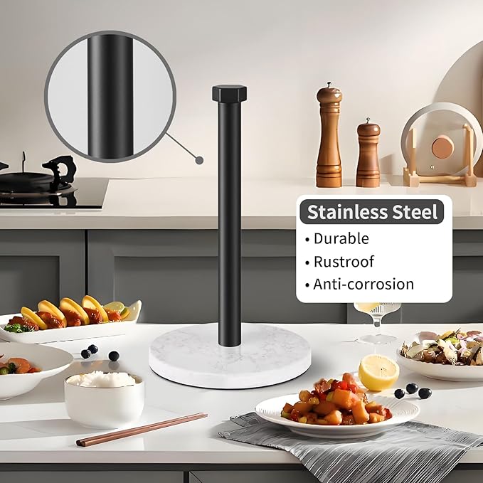 Paper Towel Holder, Kitchen Paper Towels Holder Stand, Stainless Steel Paper Towel Holder -High-Grade Marble Weighted Base, Non-Slip Protect The countertop - Matte Black