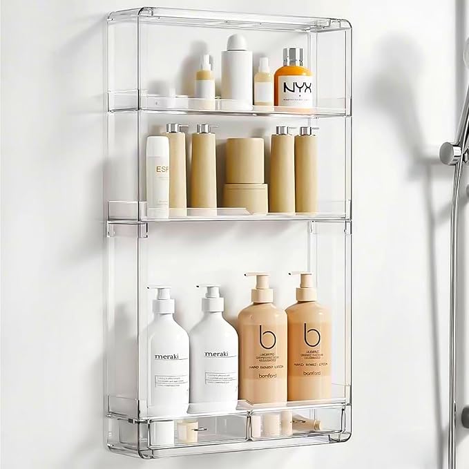 Shower Caddy Adhesive, X-Large Capacity Bathroom Organizers and Storage, No Drill Shower Organizer, Clear Wall-Mounted Bathroom Storage Shelf for Kitchen, RV, Cosmetic | Wall Mounted, No Drill, Display Case