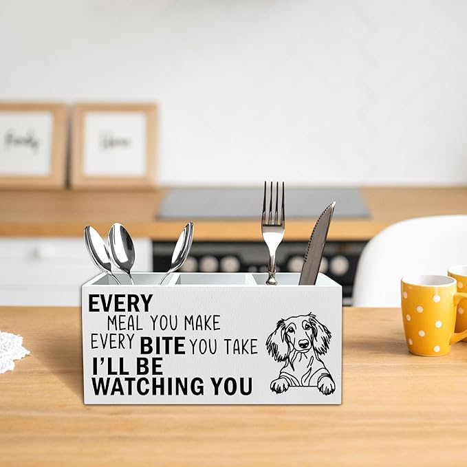 Dachshund Dog Kitchen Utensil Holder for Countertop, Dog Decorative Lover Gifts, Funny Every Meal You Make Every Bite You Take Wooden Utensil Holder Organizer for Kitchen Table Decor