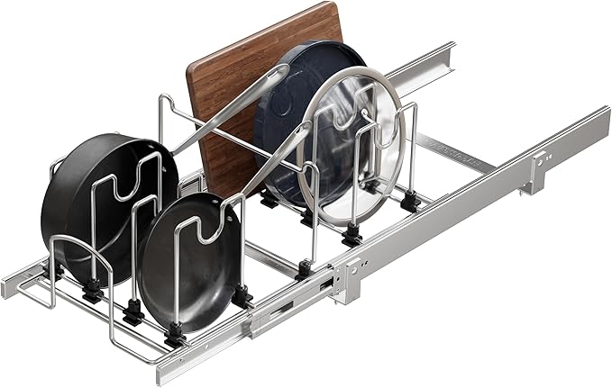 Pull Out Pots and Pans Organizer Under Cabinet, Sliding Adjustable Pot Rack with 9 Adjustable Dividers, Chrome-Plated Pot and Pan Holder Rack, Full-Extension Rail for Kitchen Organization 12" W*22" D