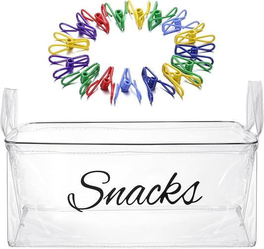 17 Pcs Snack Basket Sets, Snack Storage Bin for Pantry Shelves with 16 Pcs 2 Inch Chip Clips, Basket Organizer for Kitchen Home, Chips, Popcorn, Candy, Pretzels (PVC,Clear)