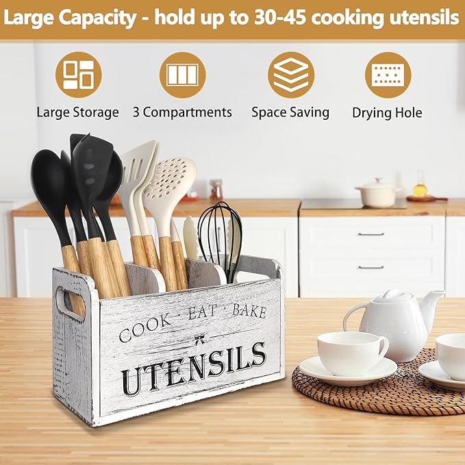 Farmhouse Kitchen Utensil Holder with 3 Compartments, Wooden Utensil Organizer for Countertop, Utensil Holder Rustic Cooking Utensil for Farmhouse Kitchen Decor