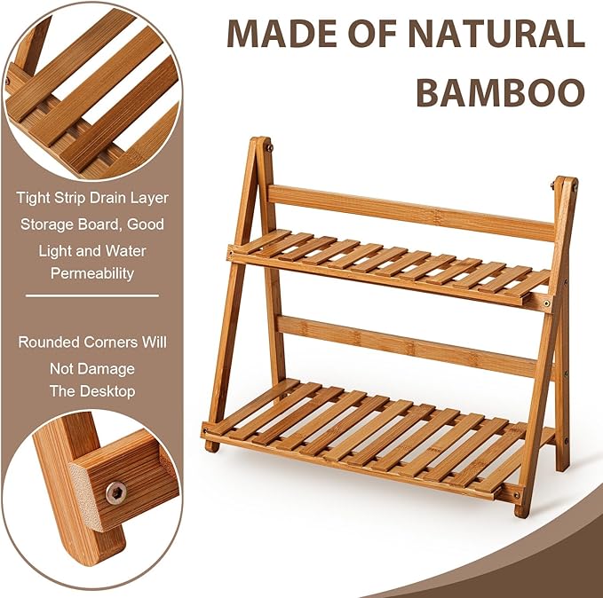Matcha Station Shelf,15.7'' Coffee Station Organizer, 2 Tiers Bamboo Mug Holder Countertop,Desktop Flower Pot Rack for Home Living Room Window Sill Foldable Display Storage Shelf (Brown)