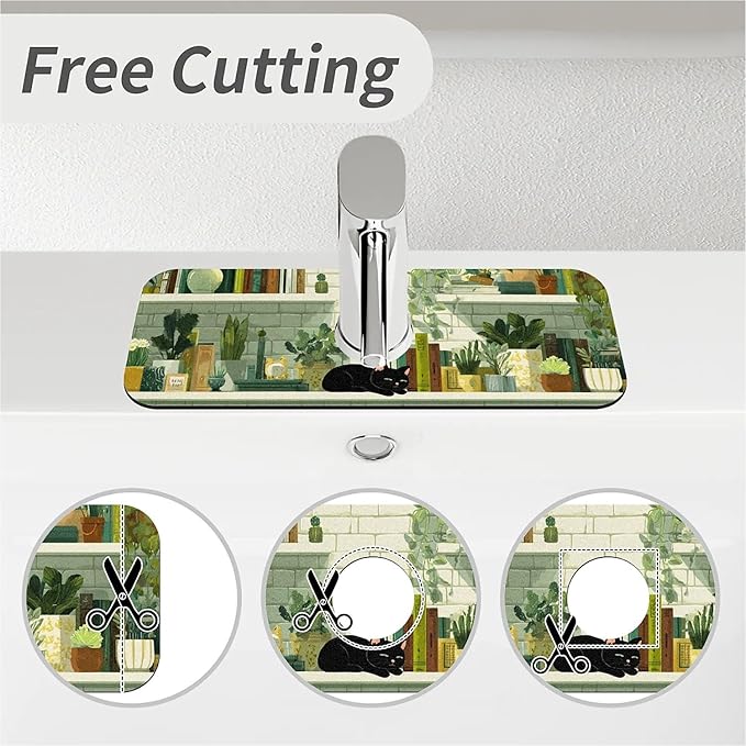 Kitchen Sink Splash Guard，black cat plants books Faucet Mat Sink Gadgets-Super Absorbent Fast Drying Mat Drip Catcher for Kitchen, Bathroom,Sink Mat, Dish Drying Mat, Bathroom(15" X 5.5" )
