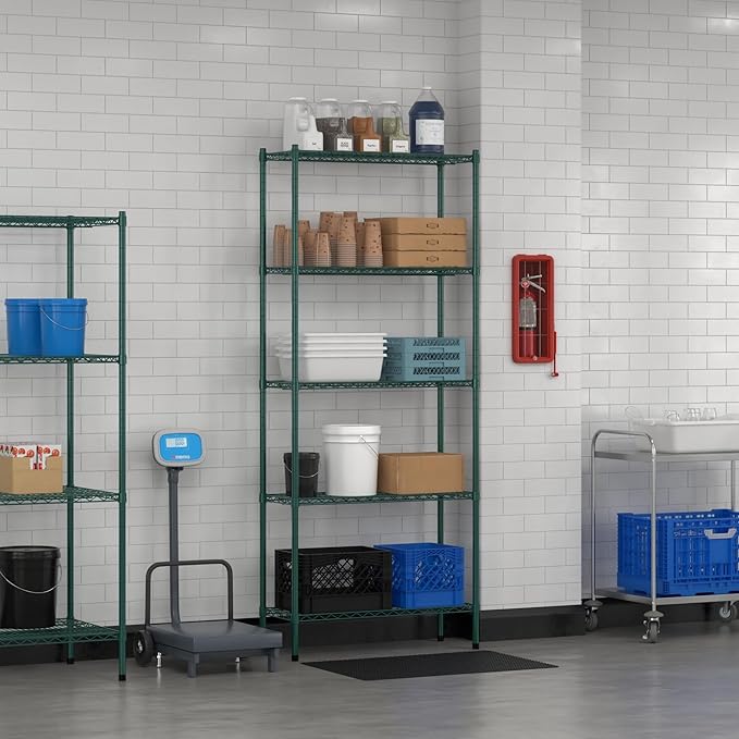 Commercial NSF Listed Green Epoxy Stationary Wire Shelving Kit 14" x 36" x 86", with 5 Shelves Perfect for Warehouse, Walk-in Refrigerator, Freezer, Grocery Store, Restaurant, Dishroom
