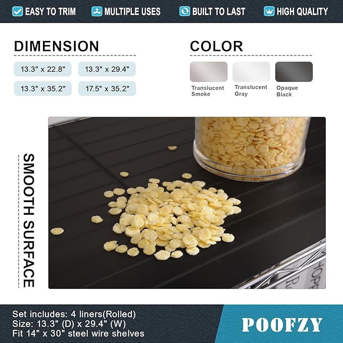 Poofzy Wire Shelf Liner 14" X 36", Non-Adhesive Plastic Shelf Liners for Wire Shelving, Waterproof Protector Mats (4PK, Black)