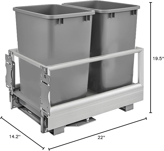 Rev-A-Shelf Double 35 Quart Pull Out Trash Can for Base Kitchen Cabinets, Storage Garage Bin on Wire Basket with Soft Close, Silver, 5149-18DM-217