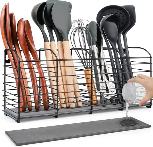 Extra-Large Kitchen Utensil Holder with Diatomaceous Earth Base, 4-Compartment Organizer for Cooking Tools, 15.7"x 6.7"x 4.4", Dries moisture quickly, Aesthetic Matte Black Design for Kitchen Counter