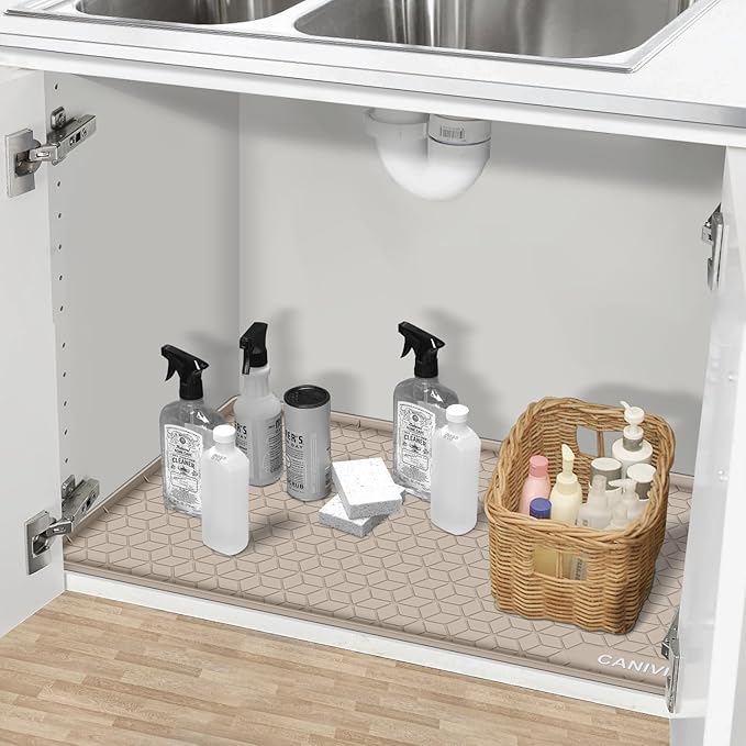 CANIVI Under Sink Mat, 31" x 22" Waterproof Silicone Under Sink Tray for Kitchen & Laundry Cabinets, Kitchen Cabinet Shelf Protector, Up to 3.2 Gallons Liquid, Fits 36 inch Standard Cabinet(Apricot)