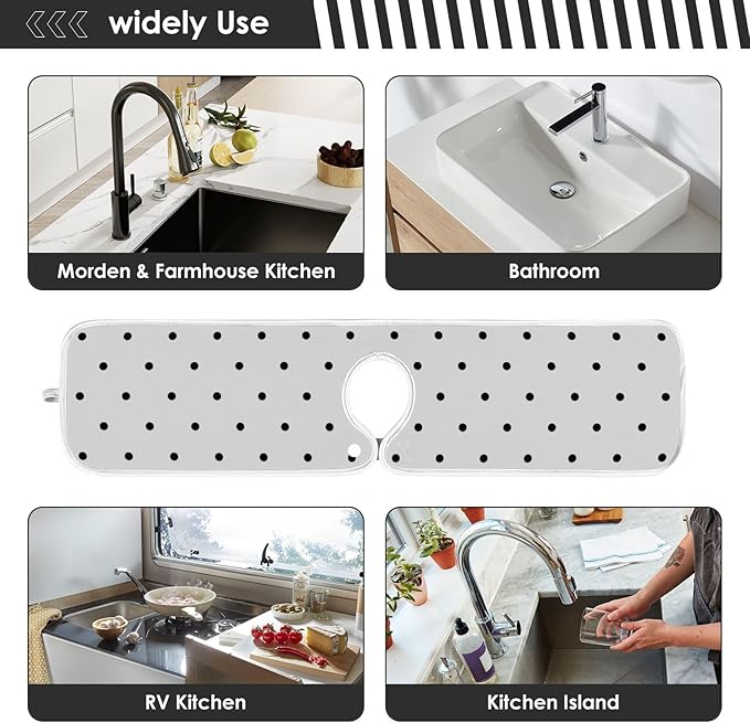2 PCS Kitchen Sink Splash Guard 23.6 Inch Faucet Mat for Kitchen Sink Bathroom Sink Faucet Absorbing Drip Drain Mat Pad Microfiber Soft Washable Black and White Polka Dot