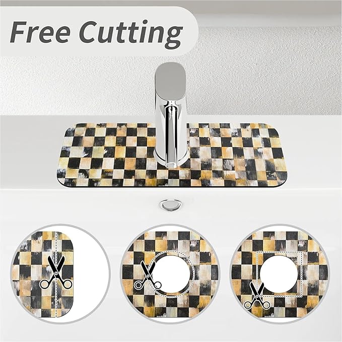 Kitchen Sink Splash Guard，black and gold checkered Faucet Mat Sink Gadgets-Super Absorbent Fast Drying Mat Drip Catcher for Kitchen, Bathroom,Sink Mat, Dish Drying Mat, Bathroom(15" X 5.5" )