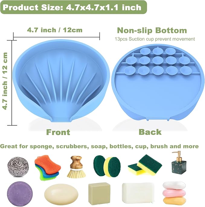 Self Draining Soap Dish, Silicone Soap Holder with Suction Cup and Drain Spout, Kitchen Bathroom Sink Organizer, Dish Soap Bar Tray Savers Sponge Holder, Perfect for Dispenser, Scrubber, Bottle, Cup